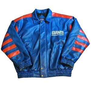 Vintage NFL Giants Jacket Blue Full Zip Embroidered Faux Leather Collared 90s